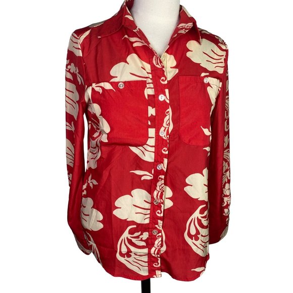 NWT Z & I floral button front collar shirt top red beige tan nude long sleeve M - Picture 1 of 12
